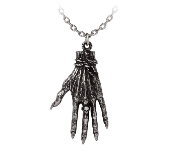 Fine English Pewter pendant of a Hand of Glory on a silver metal link chain. Shown from back side with nails and skull ring detail