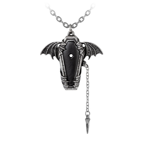 Antiqued Fine English Pewter coffin pendant with bat wing detail and small stake attached with a chain to the side of the coffin. On a 21” long nickel free silver metal link chain. Shown with stake dangling next to coffin on chain 
