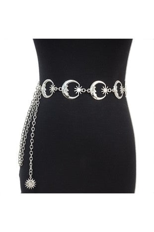 Adjustable belt of 1 1/2” shiny silver metal crescent moons and starbursts linked with a curb style chain and sturdy lobster claw fastener. Shown on a dress form 