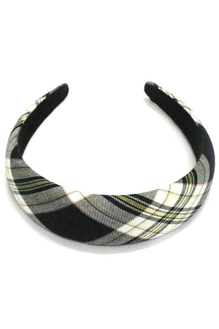 1 3/4” wide headband in a classic black, grey, and yellow plaid pattern