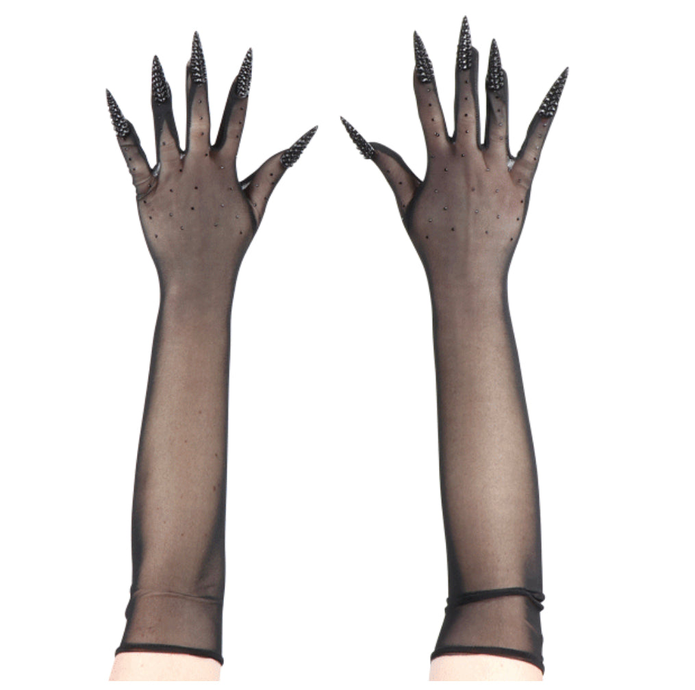 Model wearing a pair of black sheer mesh above the elbow gloves with sparse small black rhinestones on the back of the hand and long black plastic moulded fingernails 