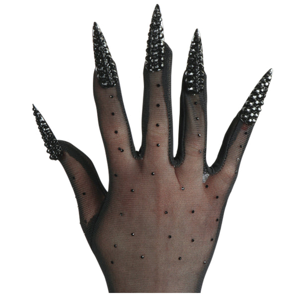 Model wearing a pair of black sheer mesh above the elbow gloves with sparse small black rhinestones on the back of the hand and long black plastic moulded fingernails. Shown in close up