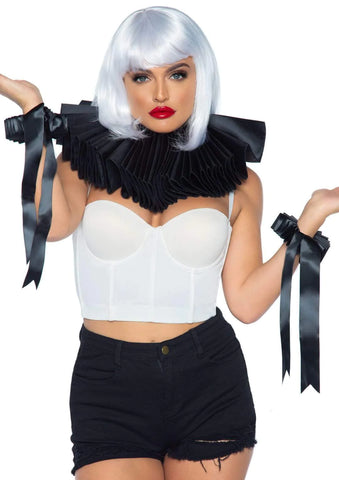 Model wearing a black fabric ruffled accordion style collar with matching ruffled ruffs
