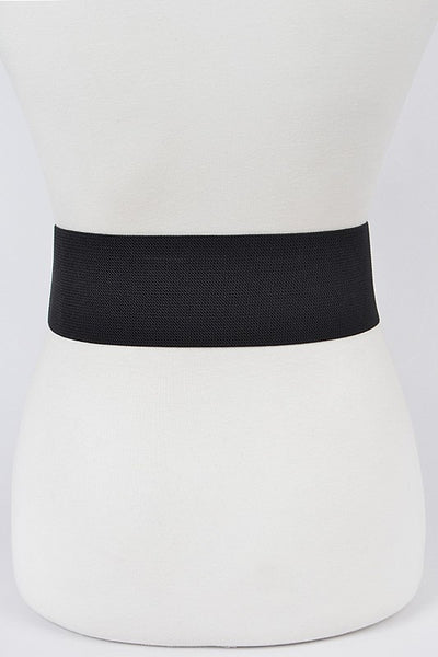 3” wide Black elastic stretch belt with a faux leopard buckle that has snake texture. Shown from the back