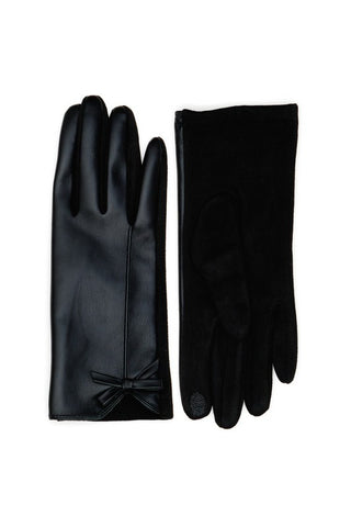 Black faux leather gloves with black suede reverse and matching faux leather bow detail at wrist