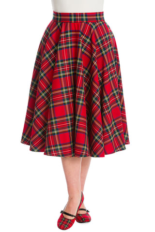 Red plaid circle skirt worn by model. Shown from front 