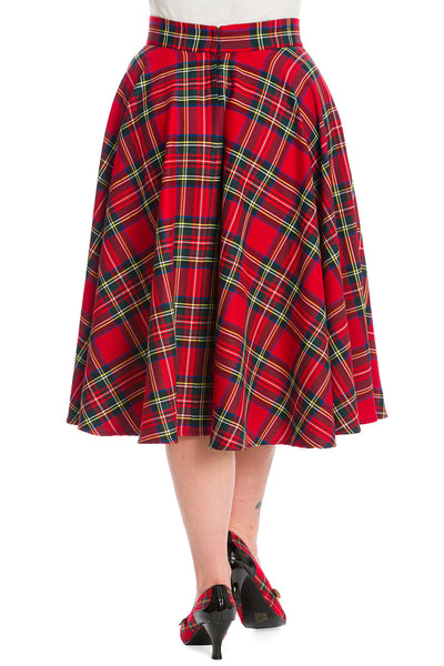 Red plaid circle skirt worn by model. Shown from back