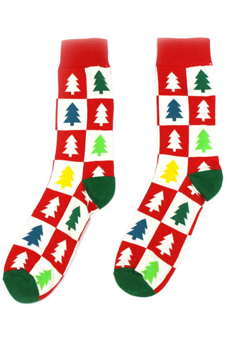 Knit socks in a red & white checker pattern with stylized pine trees in green, yellow, and teal