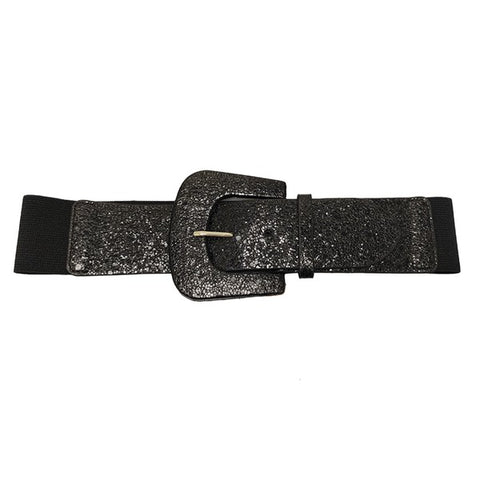 Black metallic faux leather with cracked effect elastic belt with self buckle