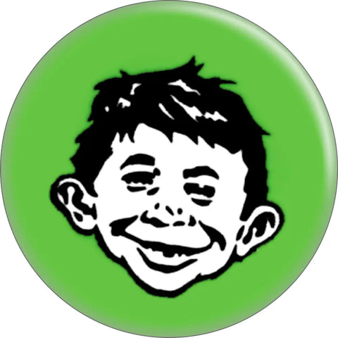1.25” round pinback button of the head of Alfred E. Neuman in black and white on a bright green background