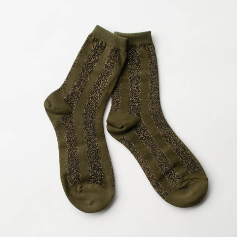 Olive green crew socks with vertical matching lurex stripes 