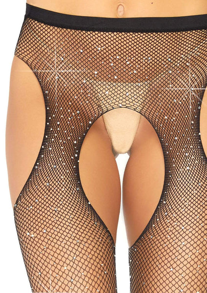 Black fishnet stockings with faux iridescent rhinestone embellishments and cutouts at the hips and crotch to resemble suspenders. Shown in close up of elastic waistband