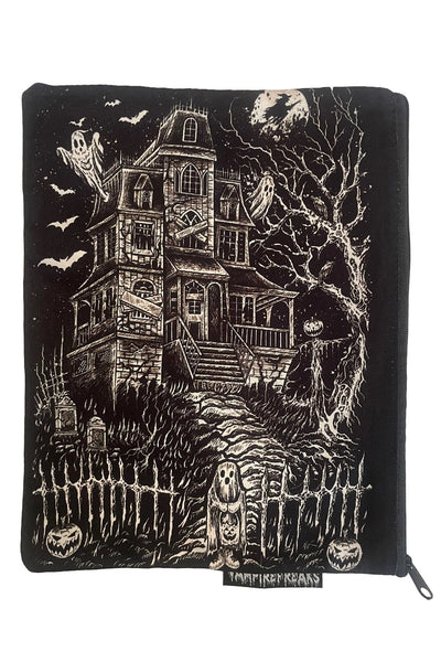 Rectangular black canvas zippered pouch with white printed illustration of a haunted house. Shown zipped