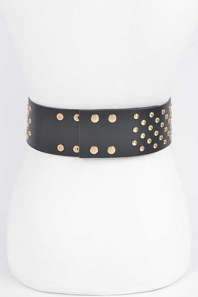 A black faux leather waist belt covered with gold metal round studs. Shown from back to display snap closures on dress form 