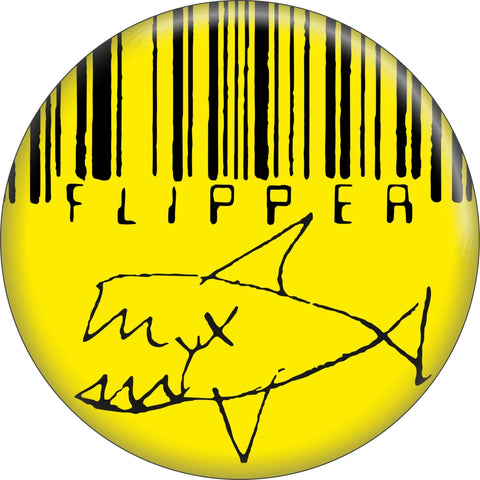 1.5” round pinback button of Flipper logo on yellow background with barcode design