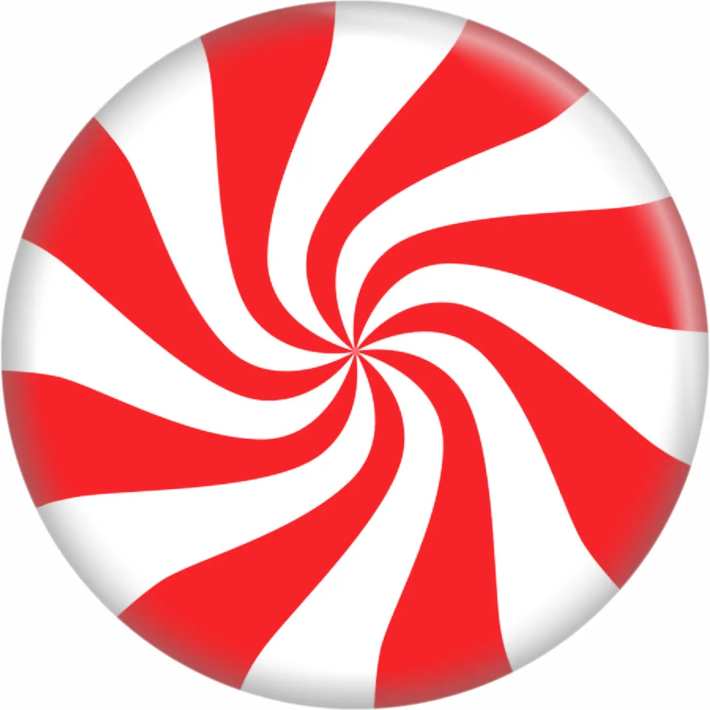1.25” round pinback button with design of a red and white swirled peppermint