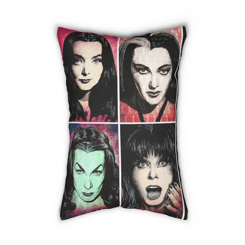 Rectangular mini pillow with a four-square design of portraits of Morticia Addams, Lily Munster, Vampira, and Elvira on colorful backgrounds 