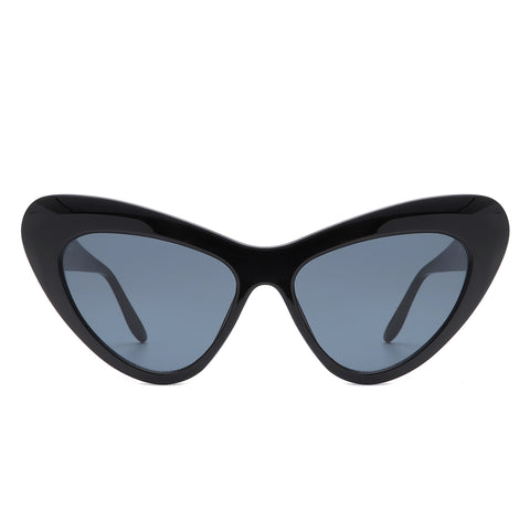 Black plastic rounded cat eye sunglasses with a curved bevel detail at each temple. Shown from front