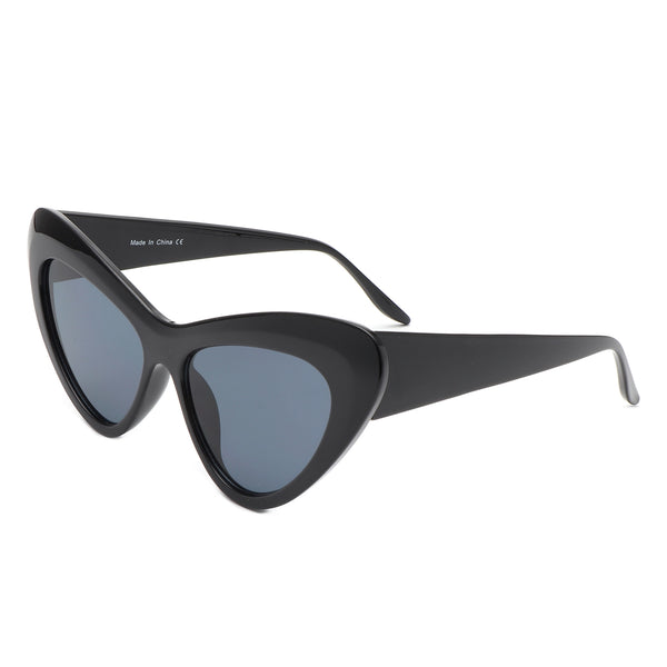 Black plastic rounded cat eye sunglasses with a curved bevel detail at each temple. Shown from side