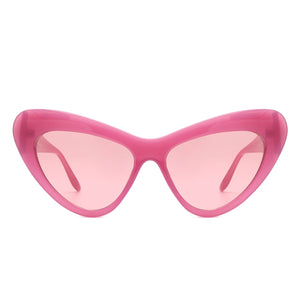 Semi translucent pink plastic rounded cat eye sunglasses with a curved bevel detail at each temple and rose lenses. Shown from front