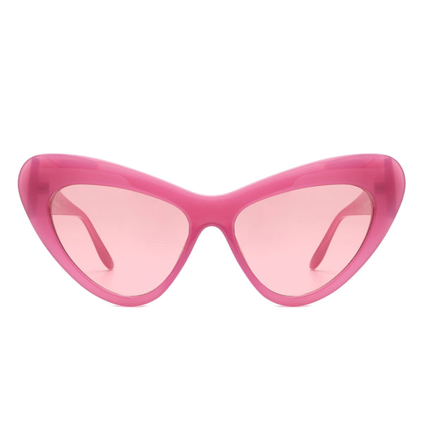 Semi translucent pink plastic rounded cat eye sunglasses with a curved bevel detail at each temple and rose lenses. Shown from front