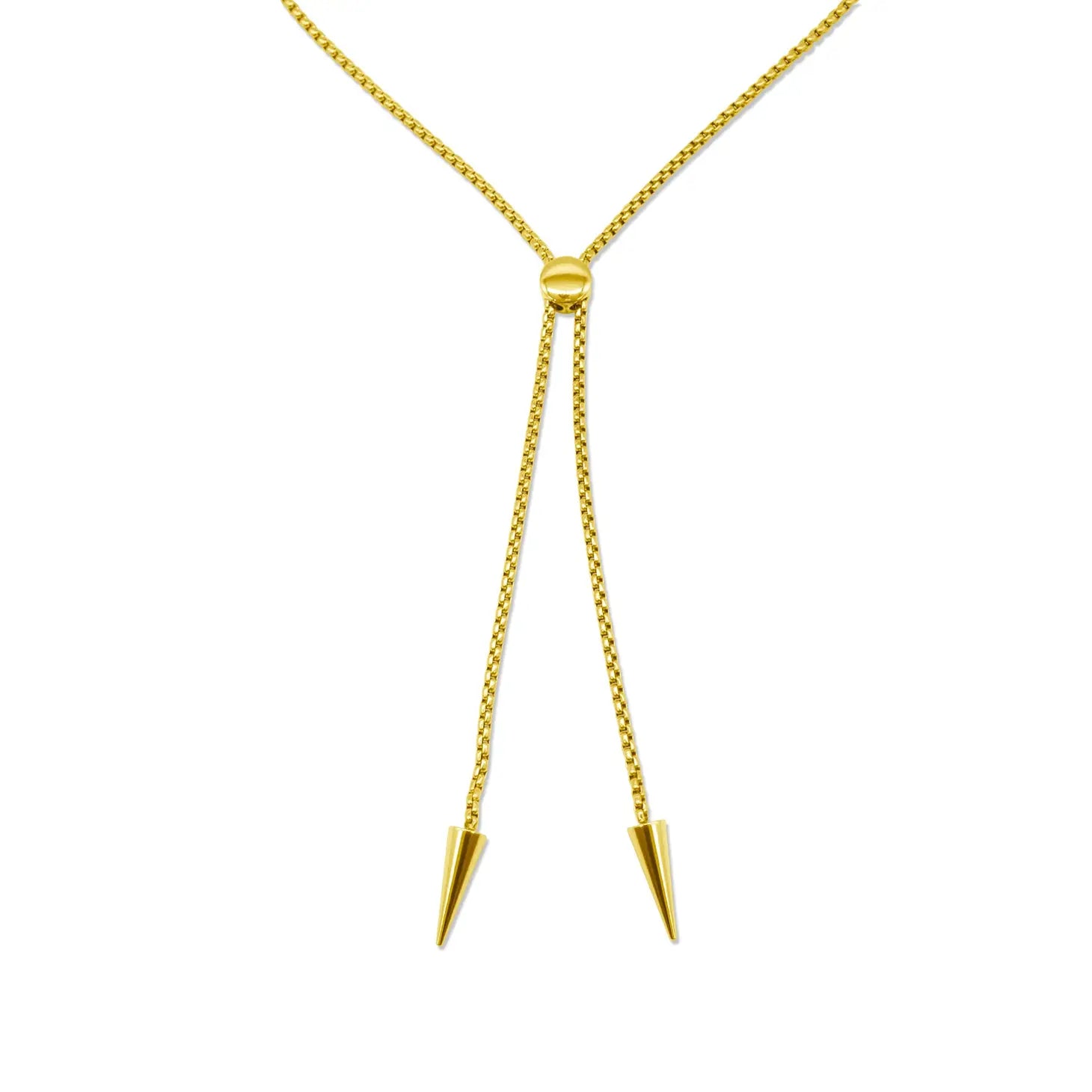 Gold metal bolo tie with matching metal box chain, small round slide, and spike tips. Shown flat