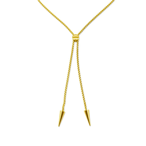 Gold metal bolo tie with matching metal box chain, small round slide, and spike tips. Shown flat