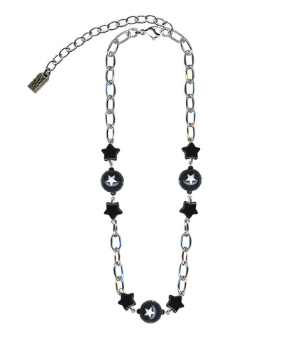 Choker necklace made of silver plated link chain with alternating black star charms and black ball charms decorated with white stars
