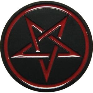 Round black and red metal enamel pin of a pentacle. Shown from front