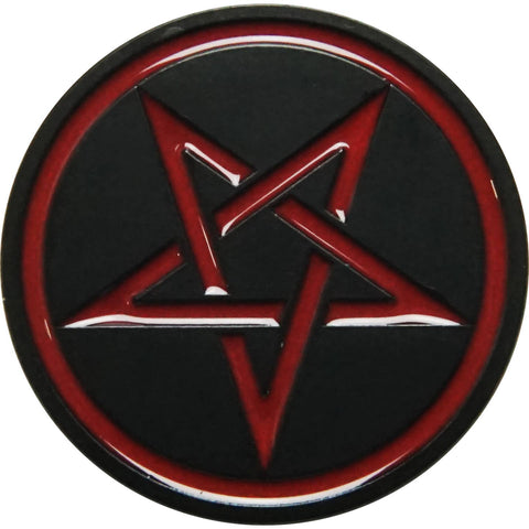 Round black and red metal enamel pin of a pentacle. Shown from front