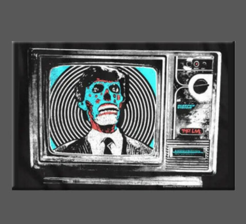 A rectangular magnet with a black, white, blue, and red illustration of one of the alien newscasters from the movie They Live