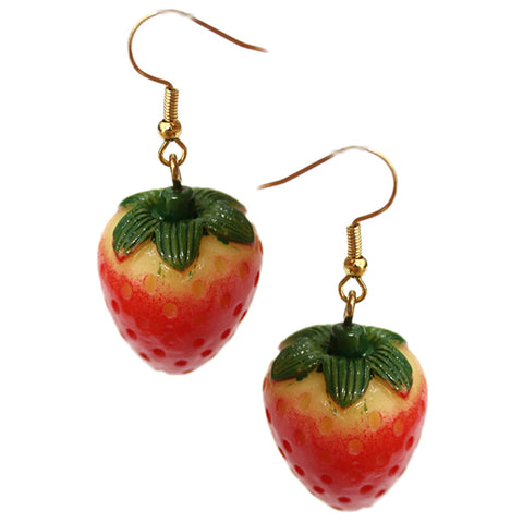 Miniature lifelike plastic strawberries as dangle earrings