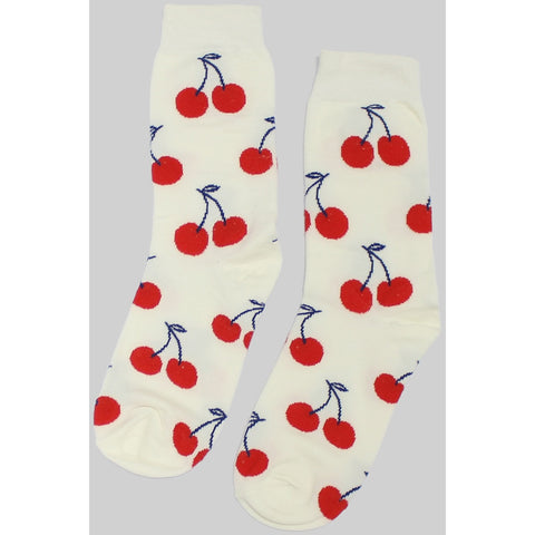 White knit socks with an all over knit in print of red cherries with black stems