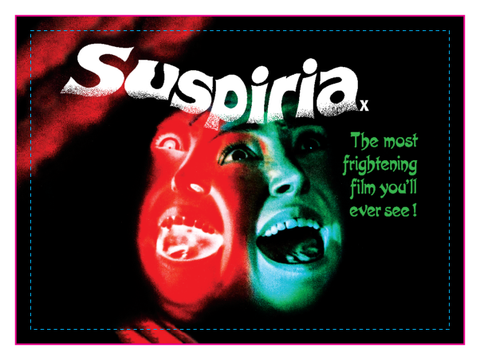 Rectangular fridge magnet of “Faces” poster for the 1977 movie Suspiria with the tagline “The most frightening film you’ll ever see!”