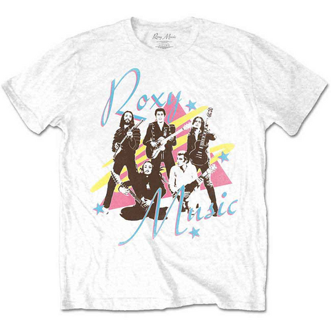 White short sleeve unisex t shirt with black & pastel blue, pink, yellow image of Roxy Music with band name written in blue and pink script