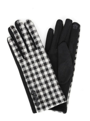 pair over the wrist length black & creamy white gingham gloves with black knit reverse and black faux leather buttons detail