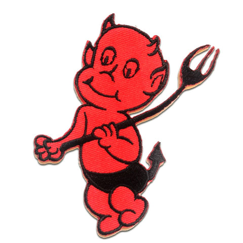 Red canvas embroidered patch of a smiling cartoon devil holding a pitchfork 