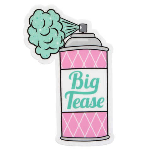 Matte white vinyl die-cut sticker of a pink can of hairspray with “Big Tease” label and seafoam colored spray. 