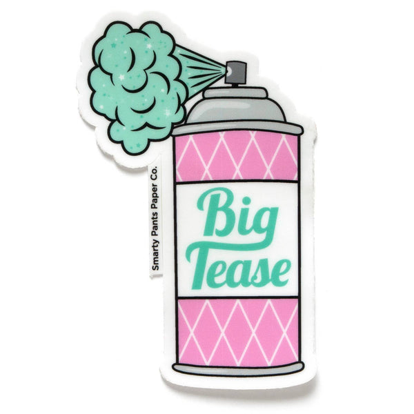 Matte white vinyl die-cut sticker of a pink can of hairspray with “Big Tease” label and seafoam colored spray. Shown with Smarty Pants logo crack and peel tab 