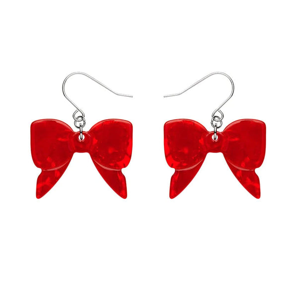 pair Essentials Collection bow shaped dangle earrings in red ripple texture 100% Acrylic resin