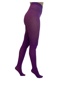 50 denier matte finish opaque tights in bright violet purple, shown side view on a model