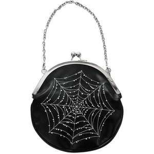 Round black faux leather handbag with silver metal kiss lock and chainlink handle. Has white spiderweb embroidery with dew drop detail. Shown from front