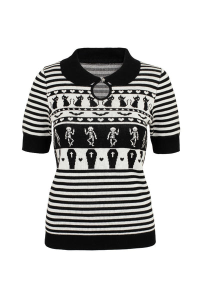 black and white striped short sleeve sweater with a black Peter Pan collar with keyhole and Fair Isle style pattern of black cats, hearts, skeletons, and coffins. Shown from front