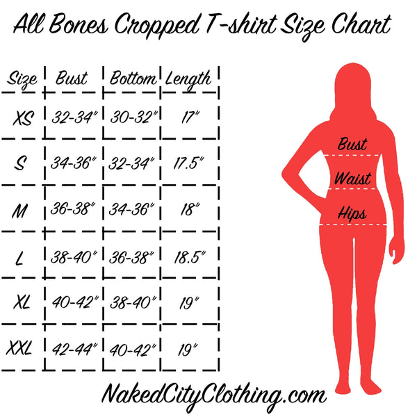 "All Bones Cropped T-shirt Size Chart" info graphic