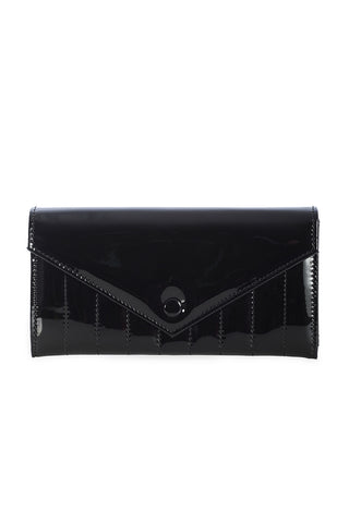 shiny black patent vinyl wallet with black channel stitching. Shown closed from the front