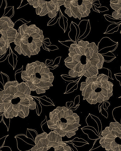 cream magnolia flower print on a black background fabric swatch close up