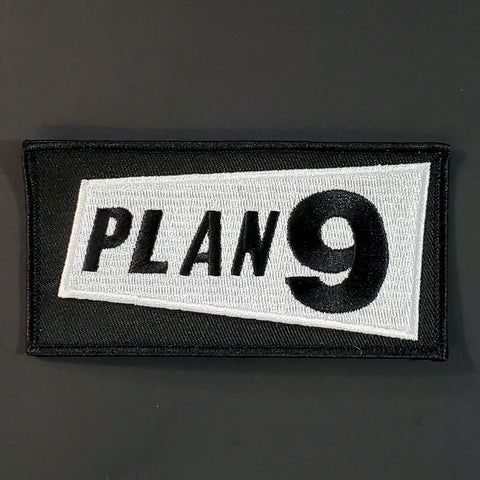 Rectangular black and white Plan 9 Records logo patch