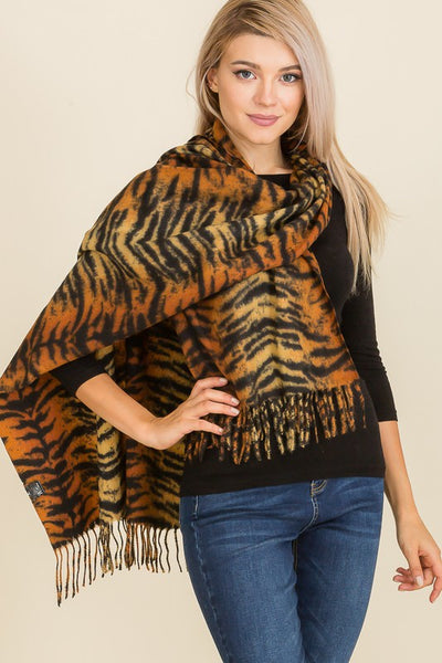  print 100% polyester scarf with fringe, shown worn by a model