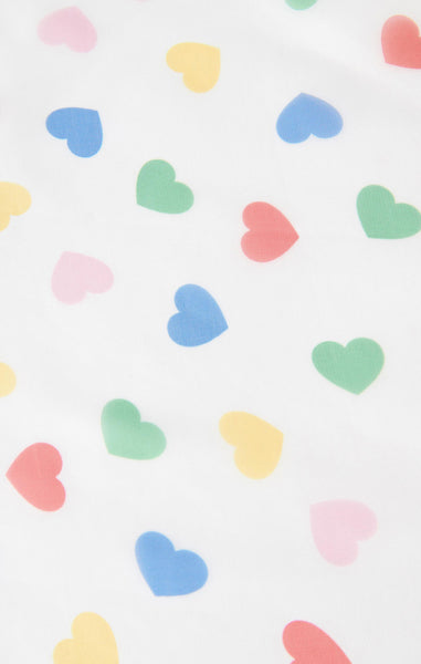Vintage inspired semi-sheer white and rainbow heart print chiffon square scarf shown in close up