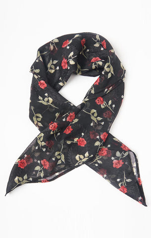 Black semi-sheer chiffon square scarf with an all over red and green rosebud pattern.